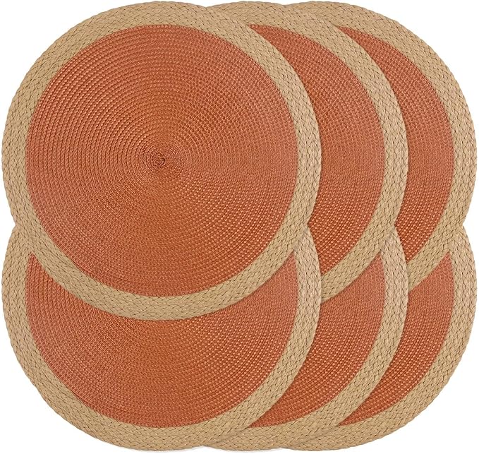 Noctiflorous Braided Round Placemats Set of 6, 15 Inch Woven Table Mats, Non-Slip Washable Wide Edge Place Mats for Kitchen Dining Table Decor (Dark Orange, 6)