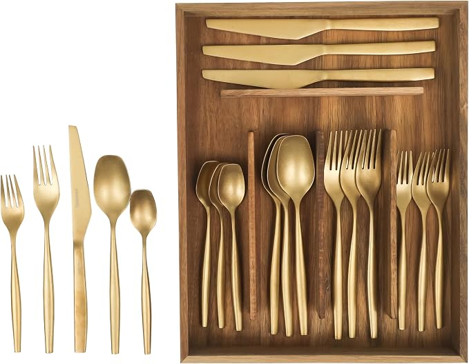 Two Time Oprah's Favorite Things Winner - 20 Piece Stone Washed Gold Flatware 18/10 Stainless Steel Silverware Cutlery Utensil Set With Acacia Wood Caddy - Service for 4