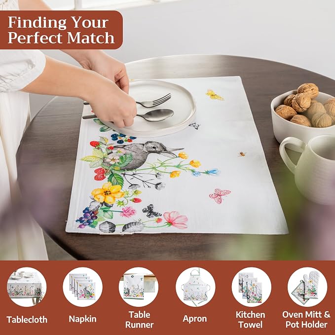 Maison d' Hermine Placemats Set of 4 Reusable 100% Cotton (13"x19") | Cloth Place Mats Washable Table Mats for Kitchen Dining Party Wedding Hotel Home Restaurant Spring Summer - Printemps