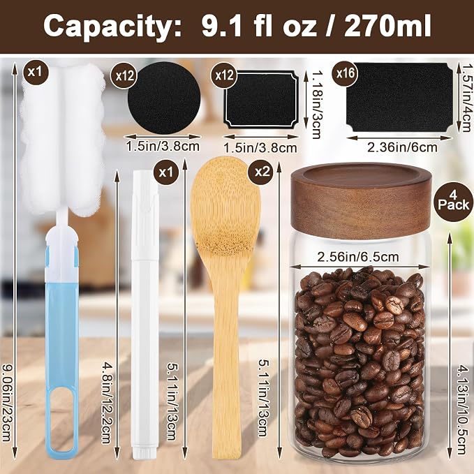 Coffee Jars Set of 4, Clear 9oz 270ml Glass Mason Jars with Wood Lids, Airtight Screw Top Glass Canister, Kitchen Sugar Containers for Pantry Storage, Spice, Tea, Candy, Oats, Beans, Seasoning