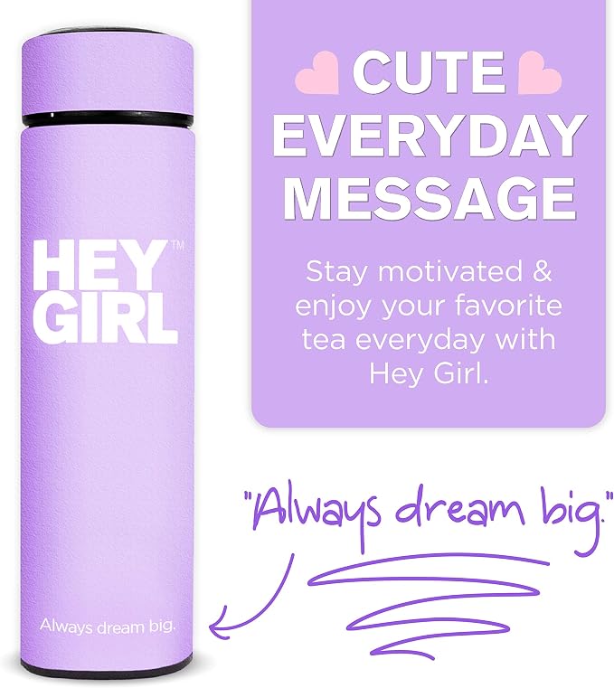 Hey Girl Tea Infuser Bottle 450ml - Insulated Stainless Steel Water Bottle - Tea Tumbler with Tea Diffuser - Portable Travel Mug for Loose Leaf Tea & Infused Water - Tea Lovers Gifts for Women