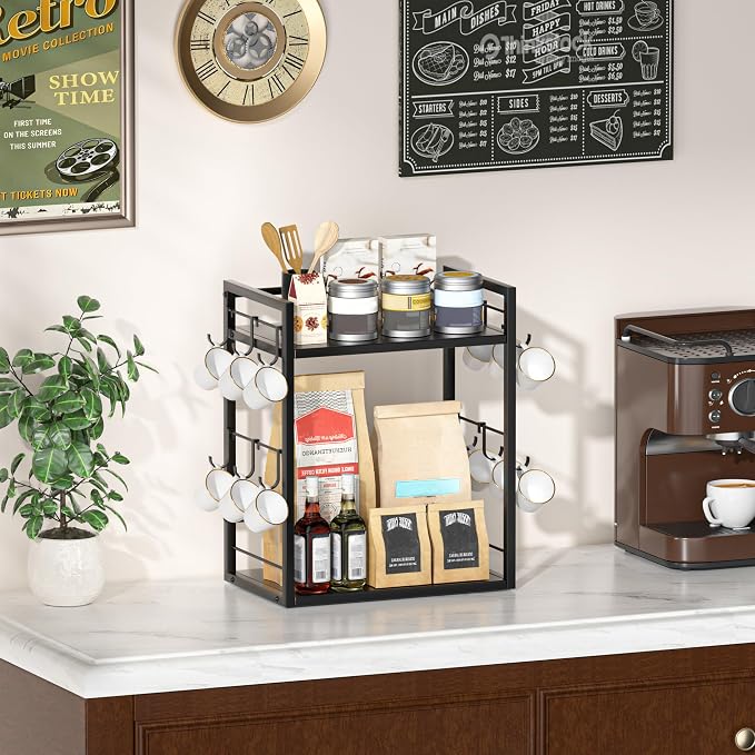 Dorhors Coffee Bar Organizer,Mug Holder,Station Organizer Kitchen Counter | 2 Tier Black Wood Coffee Bar Accessories with 12 Hooks,Countertop Shelf for Mug,Syrup and Accessories