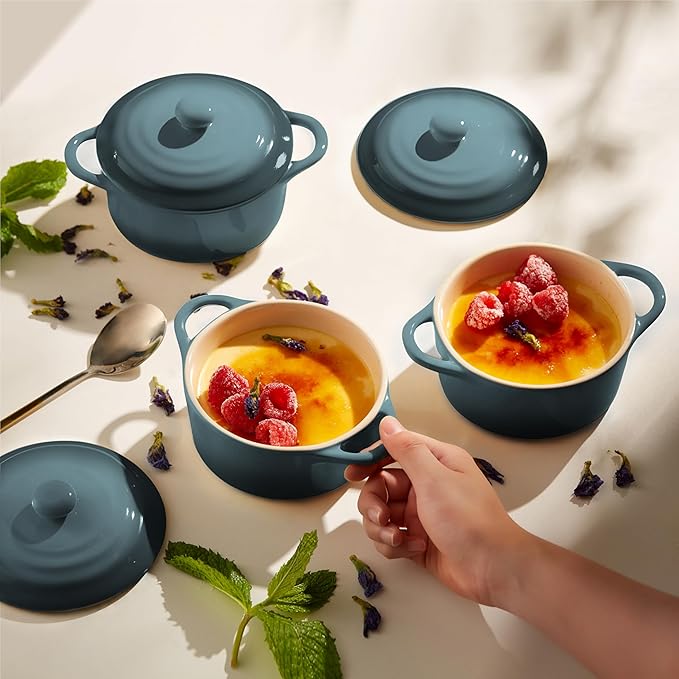 Kook Ceramic Mini Cocotte Set, Small Casserole Dishes with Lids and Handles, Individual Baking Ramekins, Oven safe 350F, Microwave & Dishwasher Safe, Stoneware, 12 oz, Set of 4, (Stone Ombre)