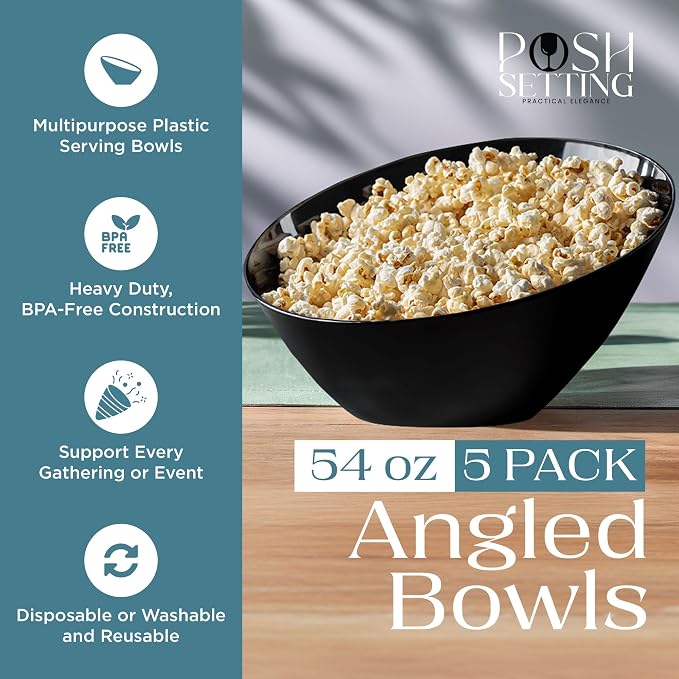 5 Pack Black Angled Plastic Serving Bowl Disposable for Party Table 54oz | Angled Bowl Design. Chip, Candy, Salad & Fruit Use. Disposable Party Tableware. Buffet & Wedding Serving. Black Plastic.