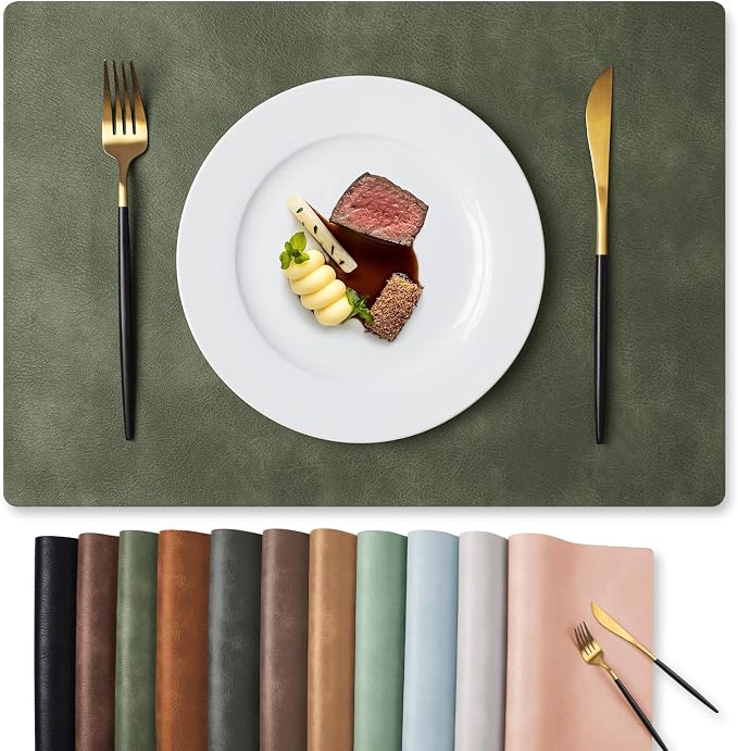 MOSAYT Vinyl Placemats Set of 4-12 X 17 Inch - Faux Leather 100% Waterproof Oil-Proof Wipeable PU Place Mats, Heat Resistant Reversible Table Mats for Kitchen, Dining, Outdoor, Olive Green