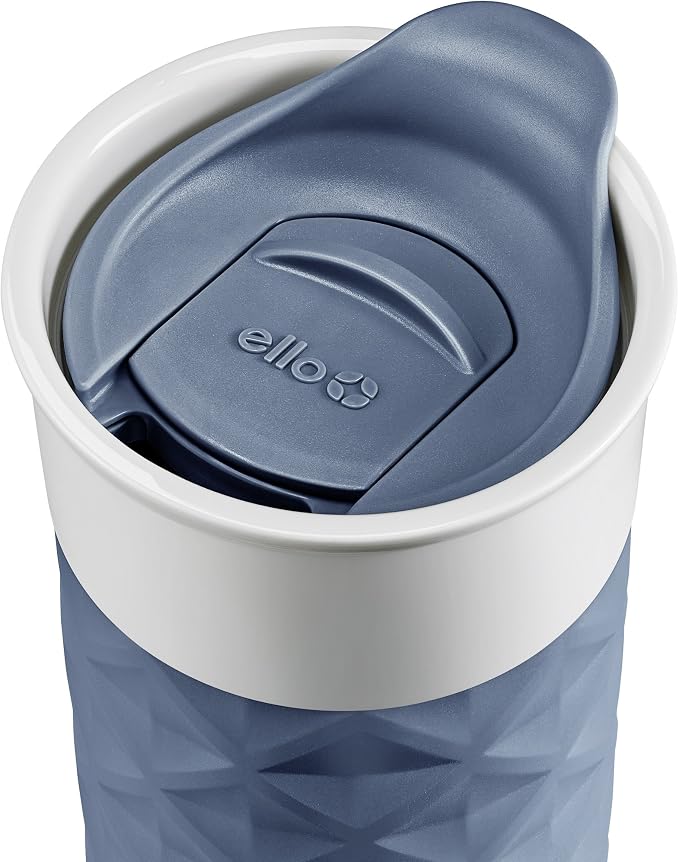 Ello Ogden BPA-Free Ceramic Travel Mug with Lid, Evening Blue, 16 oz | Splash-resistant ceramic travel mug with slider lid and protective silicone sleeve. BPA-free, great for coffee and tea.