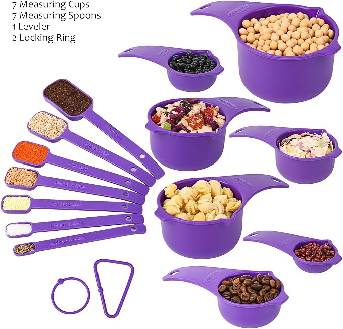 Plastic Measuring Cups and Spoons Set 15, Purple Dry & Liquid 7 Measuring Cups & 7 Measuring Spoons with Leveler, Metric & US Kitchen Measure Cups Spoons for Cooking & Baking