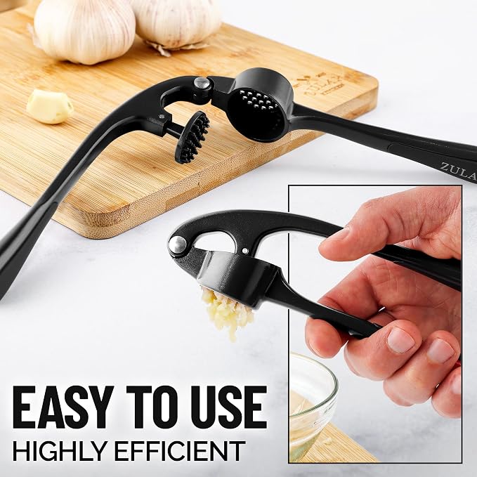 Zulay Kitchen Premium Garlic Press Set - Rust Proof Professional Garlic Mincer Tool - Easy-Squeeze, Easy-Clean with Soft, Ergonomic Handle - Silicone Garlic Peeler & Brush (Black)