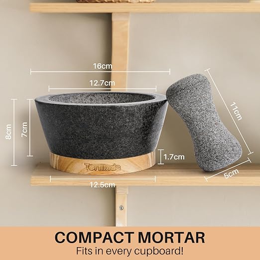 – 6-inch Mortar and Pestle Set Large Made of Natural Granite with Anti-Scratch Wood Base Granite Spice Herb Grinder Pill Crusher with 50 Recipes, Black