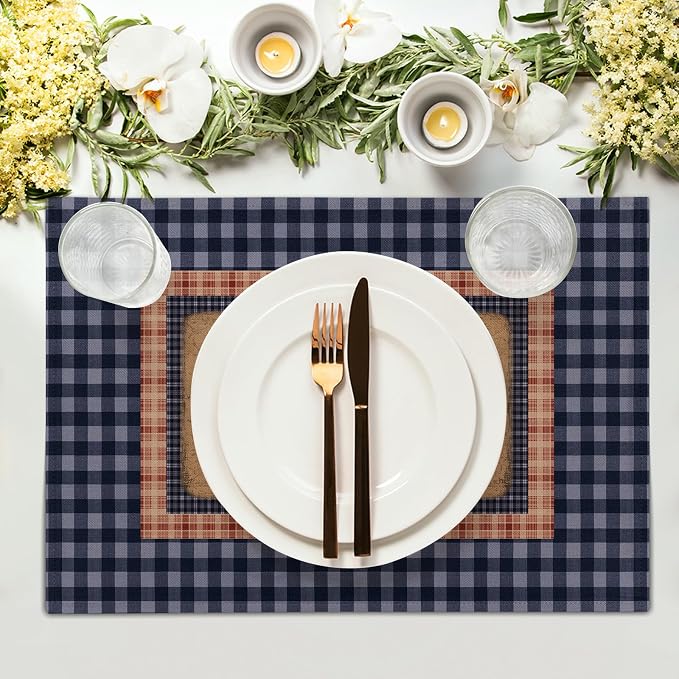 Western Placemat Set of 4 Primitive Stars Linen Washable Place Mat 18 x 12 Inch Navy Blue Red Classic Buffalo Plaid Decorative Farmhouse Country Desktop Decor Table Mat for Party Dining Kitchen Indoor
