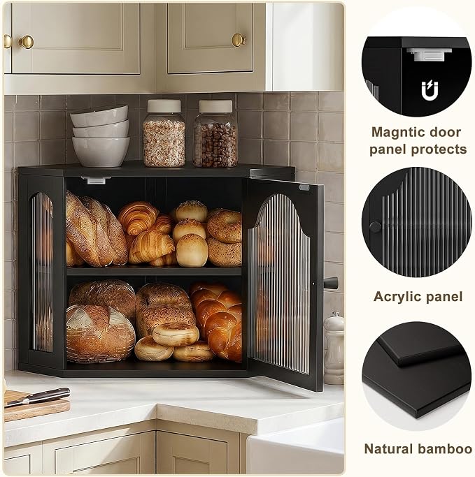 2-Tier Corner Bread Box for Kitchen Countertop with Acrylic Wavy Door Panel | Bread Storage for Homemade Bread, Large Bamboo Vintage Farmhouse Bread Bin, Cabinet Cupboard Pantry, Black, Meduim