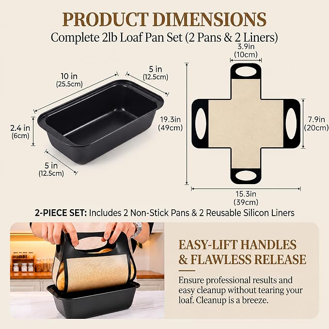9x5 Loaf Pans for Baking Bread, 2-Pack Bread Loaf Pan Set with Silicone Bread Sling Liners, Nonstick Loaf Liners for Sourdough, Banana Bread, Homemade Bread