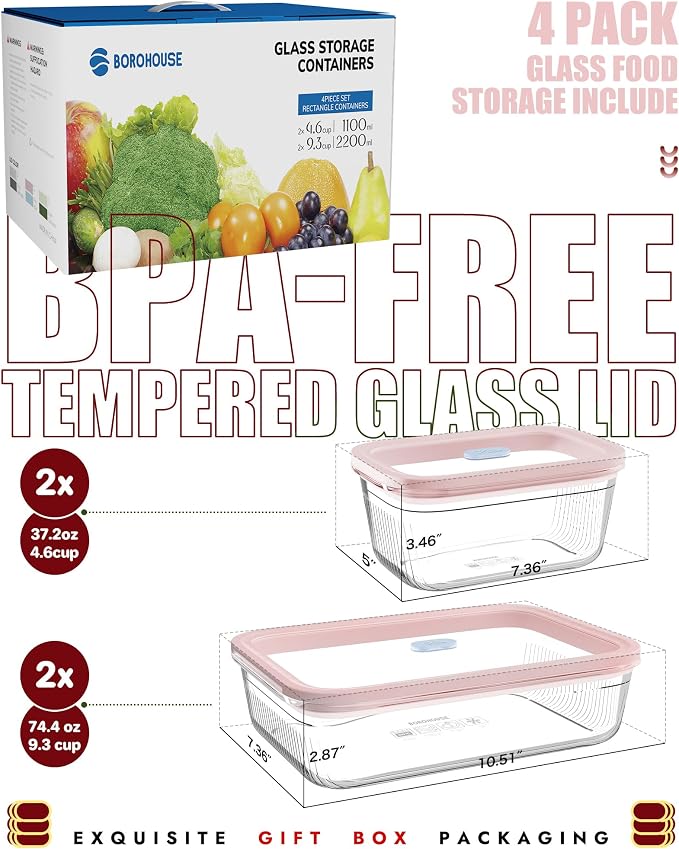 Airtight Glass Food Storage Set with Tempered Glass Lids, 4-Pack (2x4.7 & 2x9.3 Cup), Non-Toxic & Plastic-Reduced, Thermal Shock Resistant, Gift Ready