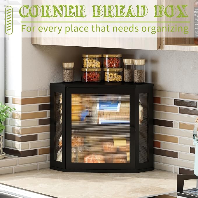 BMOSU Corner Bread Box for Kitchen Countertop Double Layer Bamboo Wooden Bread box Large Capacity Bread Storage Bin(Black, Medium)