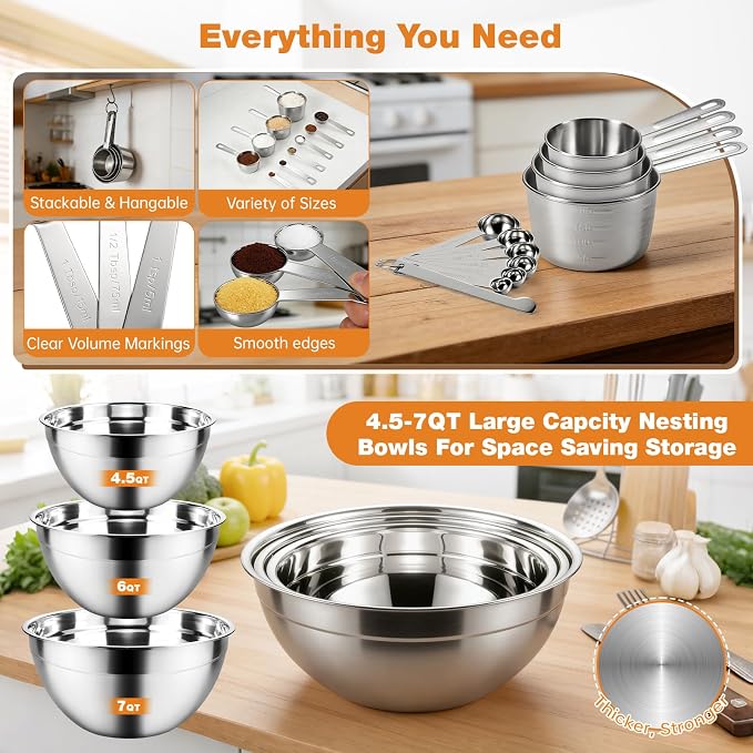 300W 5-Speed Hand Mixer with 3 Bowls & Accessories for Baking | Complete Kitchen Cake Mixer Includes Paddle, Dough Hook, Whisk, Measuring Cups & Spoons – Nesting Bowls Space-Saving Design