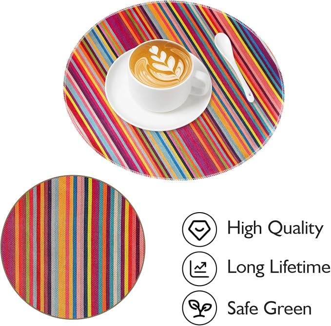 Bright Colorful Striped Round Placemats Set of 6, 12x18 Inch Mexican Rainbow Colored Geometric Pattern Table Mats for Holiday Party Kitchen Dining Room Decoration