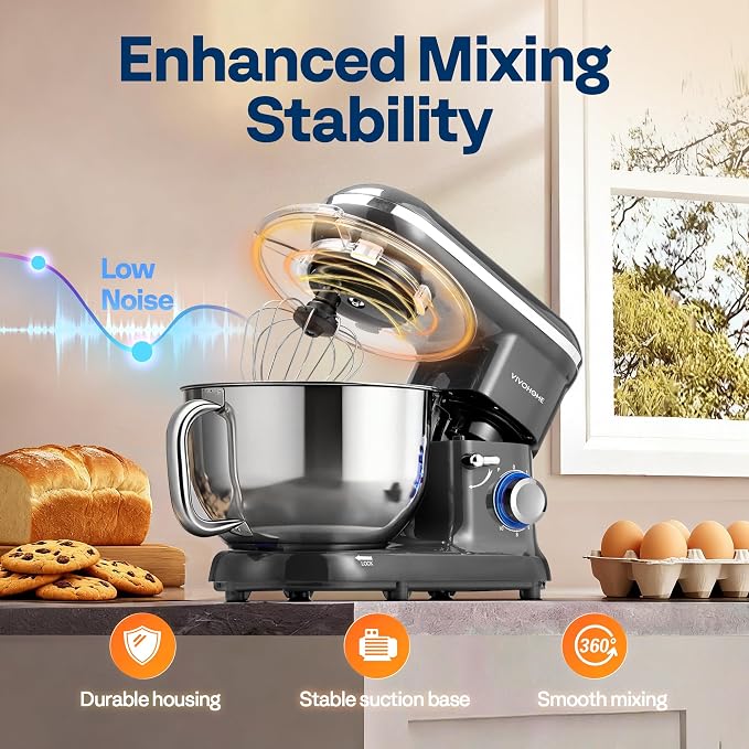 VIVOHOME Stand Mixer, 6-Quart Tilt-Head Kitchen Mixer with Bowl, Gray | 10 Speeds, Dough Hook, Beater, Whisk, Splash Guard, Egg Separator, for Cake & Bread