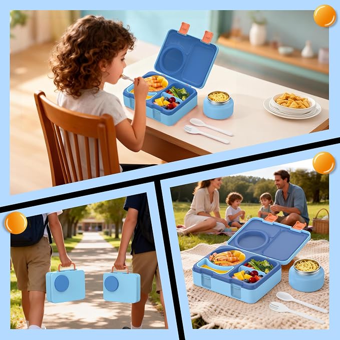 Bento Lunch Box for Kids Adult, Leakproof 3-4 Compartment Bento Box Set with Insulated Food Jar,Water Bottle, Lunch Bag, School Lunch Container for Toddler Teen Girls Boys Ages 3+(Blue)