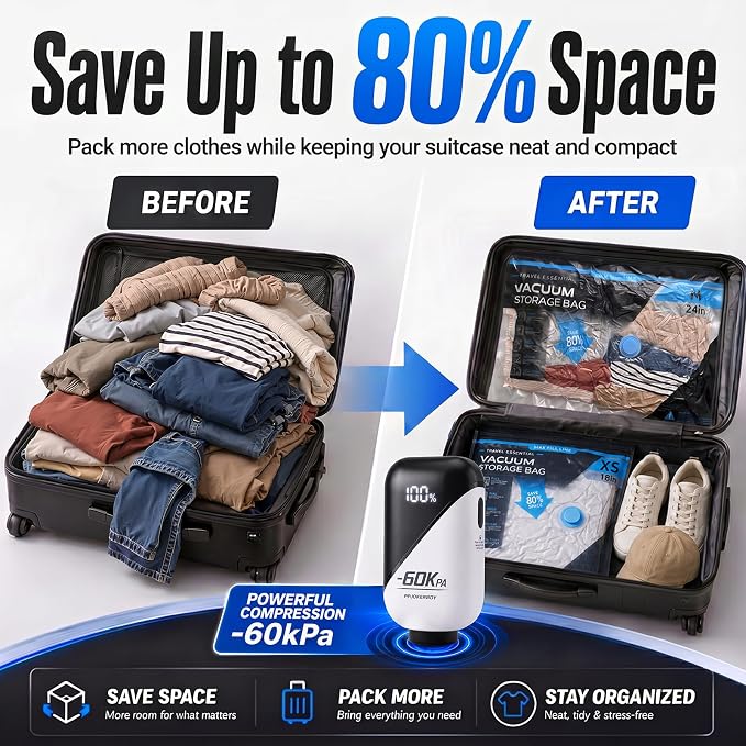 Travel Vacuum Bags with 60KPA Pump, 16 Pack Vacuum Seal Bags for Clothing | Compression packing bags for carry-on luggage and suitcases, leak-proof space savers for bedding and seasonal home storage
