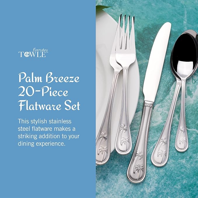 Towle Everyday Palm Breeze Flatware Service for 4, 20 Piece Set, 18/0 Stainless Steel, Silverware Set