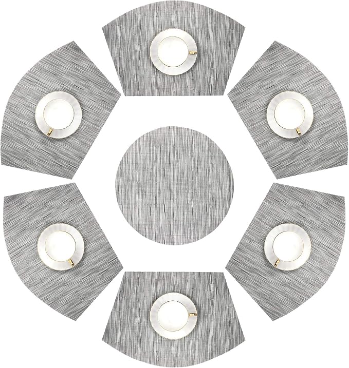 SHACOS Small Round Table Placemats Wedge Placemats with Centerpiece Round Placemat PVC Woven Table Mats Washable (7,Silver Grey)