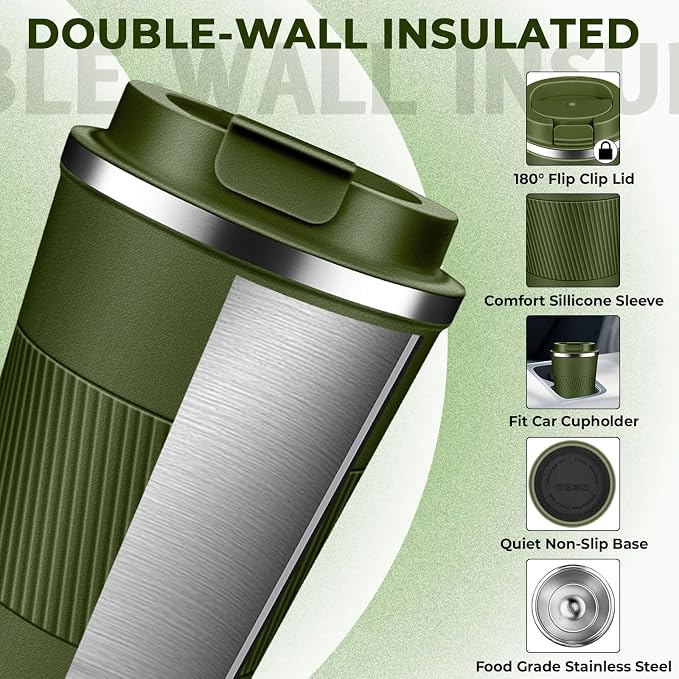 Insulated Coffee Tumbler 12 oz, Stainless Steel Coffee Mug with Lids, Travel Coffee Mug Leak Proof, Double Wall Vacuum Insulated Reusable Coffee Cup, Keep Drinks Hot and Cold, Military Green, 12 Ounce