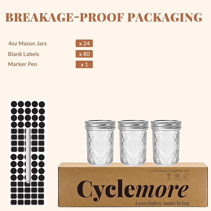 CycleMore Mason Jars 8 oz, 24 Pack Half Pint Canning Jars with Split Lids | Crystal Body, AirTight, BPA Free, Glass Canisters Ideal for Fermenting, Jam, Honey, Pickling, Wedding Favors, DIY Decors