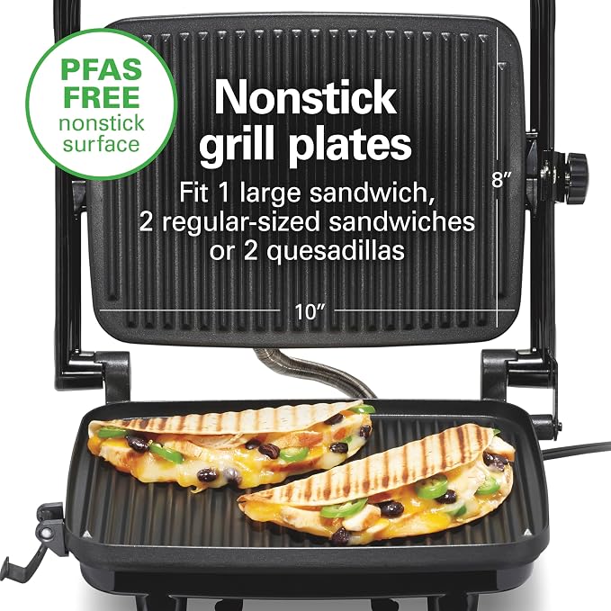 Hamilton Beach Panini Press, Sandwich Maker & Electric Indoor Grill | Floating Hinge Evenly Cooks Any Sandwich | Locking Lid | PFAS-Free Non-Stick 8" x 10" Grids | Chrome