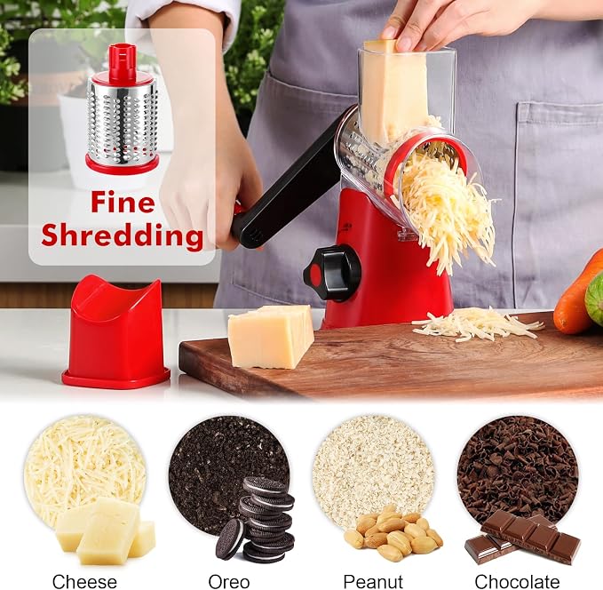 GDL Cheese Grater Hand Crank, Rotary Cheese shredder, Vegetable Slicer | 3 Stainless Steel Blades, 12x Fast Cutting, Non-slip Suction Base, No BPA, Dishwasher Safe, Easy Use for Cheese, Veggies, Nut