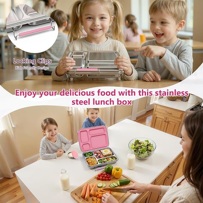 Stainless Steel Bento Lunch Box for Kids & Adults, 4 Compartment Kids Lunch Box, Metal Bento Box with Silicone Container and Stainless Steel Sauce Container,BPA-Free,School,Office(Pink)