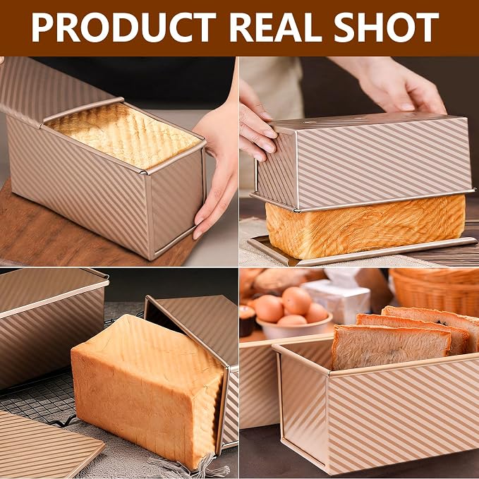 Pullman Loaf Pan with Lid 13x4, Large Bread Pan for Homemade Sandwich with Cover, 2.2lb Long Bread Loaf Tin for Sourdough, Nonstick & Easy Clean (Gold)