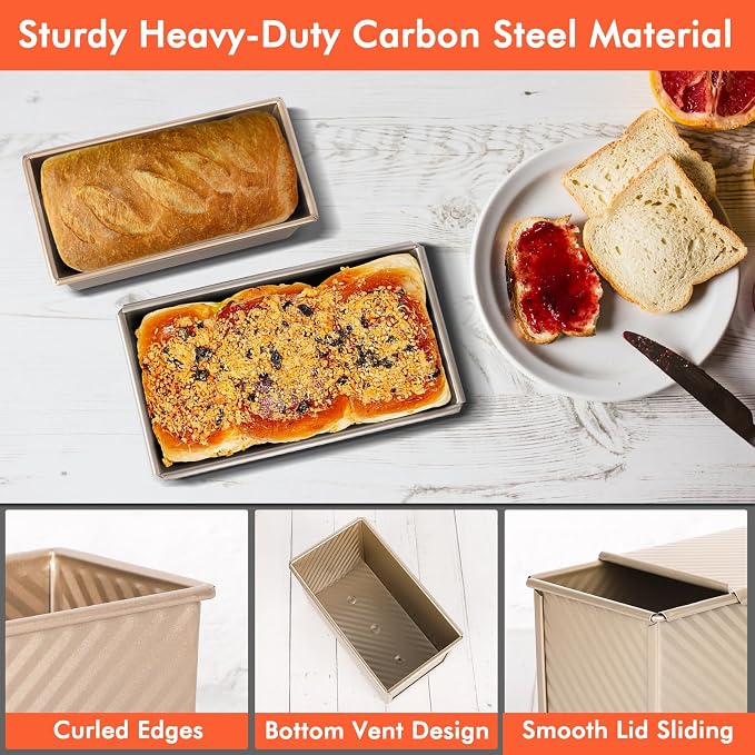 Beasea Pullman Loaf Pan with Lid, 2 Pack Non-Stick Bread Loaf Pans 1 lb & 0.5 lb Carbon Steel Bread Toast Box with Dough Scraper for Homemade Bread Toast Oven Baking - Gold