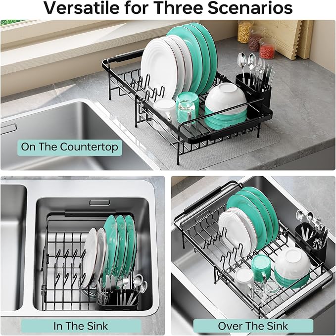 Urackify Expandable in-Sink or Over-Sink Dish Drying Rack, 14.5"-18", Black | Stainless Steel, Fits Most Sinks, Rust-Resistant, Space-Saving, Removable Utensil Holder