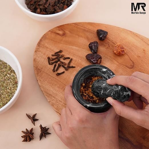 Marble Mortar and Pestle Set Black 3" Inches Handmade Garlic Crusher & Grinder Bowl, Mini Mortar and Pestle for Kitchen - Herb Grinder Spice Grinder
