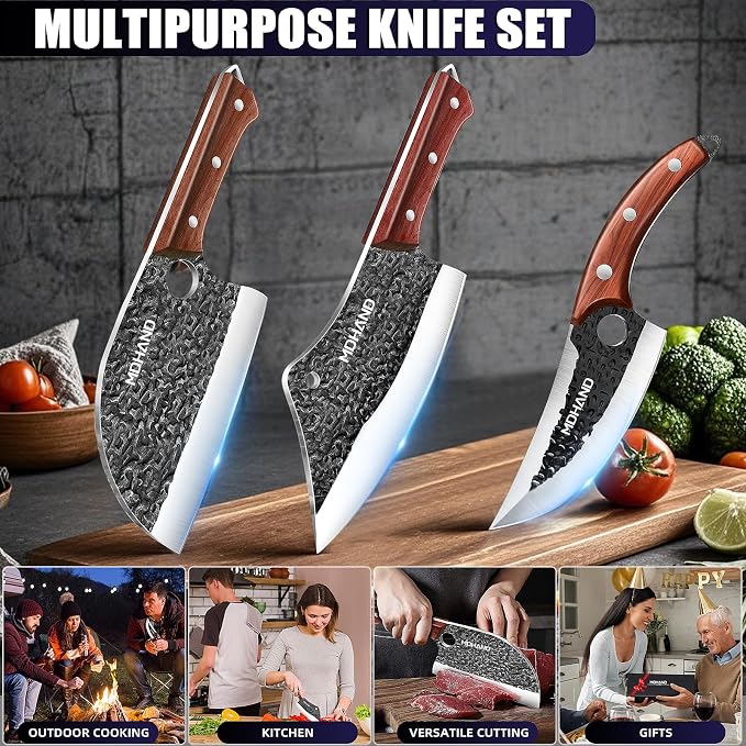 Butcher Knife Set, Hand Forged Serbian Chef Knife Set Gift for Men | High Carbon Steel 8PCS Kitchen Knife Set with Sharpener, Ergonomic Handle, Meat Cleaver Knife for Kitchen Outdoor Cooking BBQ