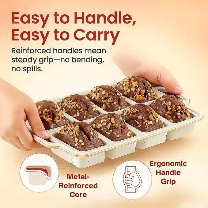 Silicone Mini Loaf Pans for Baking, 2-Pack – 8 Cavity Nonstick Bread Mold | Metal Reinforced Silicone Mini Loaf Pans for Baking, Food-Grade BPA-Free Bread Mold, Easy Release Surface, Dishwasher Safe