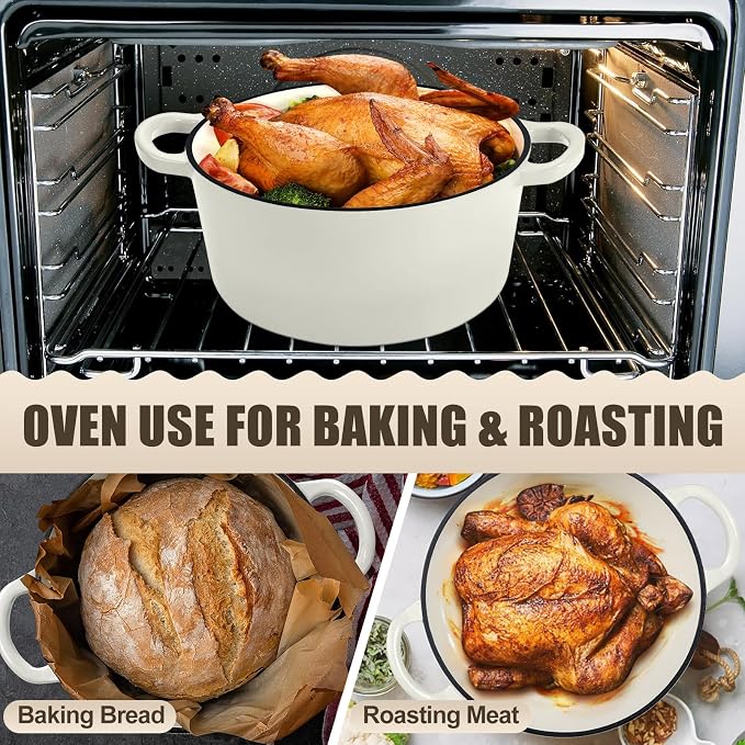 P&P CHEF 7QT Enameled Dutch Oven, Dutch Oven Pot for Bread Baking, White | 7 Quart Enameled Cast Iron Casserole Pot with Lid, for Roasting Braising Stewing Frying Simmering, Work on Various Stoves