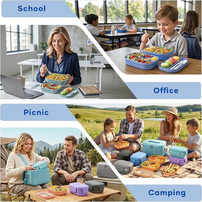 HOMETALL Bento Box Adult with Insulated Lunch Bag - 3 Stackable Leak-Proof Lunch Box Containers for Women & Men - BPA Free Lunchbox with Utensil Set (Spoon, Knife, Fork) for Work, Picnic, Dining Out