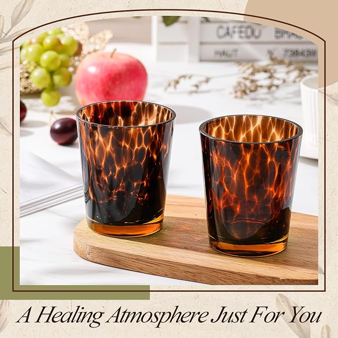 SiliFine 2 Pcs Tortoise Shell Drinking Glasses, 13oz Leopard Print Vintage Stemless Wine Glasses, Cheetah Print Aesthetic Cups, Hand Blown Brown Glassware, Room Decor, Gifts for Party