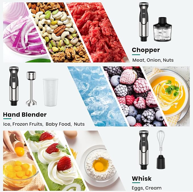 Colarlemo 1800W Immersion Blender Handheld 4-in-1 Hand Blender, Silver | Stick Blender for Ice Crushing Smoothie, Baby Food, 8 Speed & Turbo Boost, Stainless Steel Blade with Whisk, Chopper, Beaker