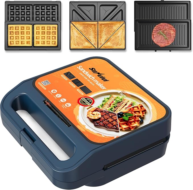 3 in 1 Electric Sandwich Maker with Removable Nonstick Plates - 1000W,Blue | for Belgian Waffle/Panini/Grill/Pancake Griddle/Breakfast,Dishwasher Safe,Cool Touch Handle,Easy to Clean & Store