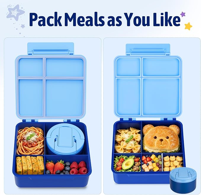 Bento Lunch Box Set for Kids with 8 oz Soup Thermo, Leakproof Hot Food Container with 4 Compartments, Insulated Food Jar for Toddler Daycare Boys Girls School - Blue