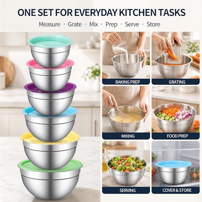 Stainless Steel Mixing Bowls with Lids Set, 3 Grater Inserts | 6 nesting stainless steel bowls, 0.7-4 QT, 6 lids, 3 grater inserts, measuring set, spatula and brush for prep and baking