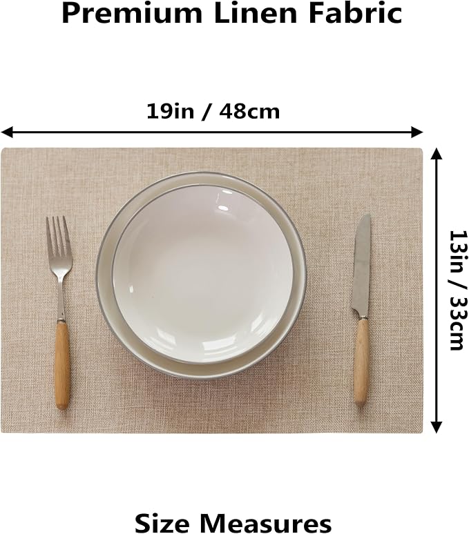 Demetex Placemats Set of 6 Heat Resistant Dining Table Mats Linen Cloth Placemats for Kitchen Indoor Outdoor Place Mats, Light Linen