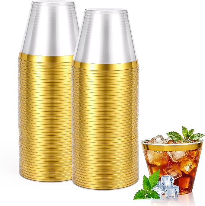 50 Pcs Disposable Stemless Glasses 9oz, Gold Plastic Cups Wine Glasses Clear Gold Rimmed Classic Cocktail Cup Champagne Flutes Party Cups for Birthday Valentine's Galentine's Day Wedding Christmas