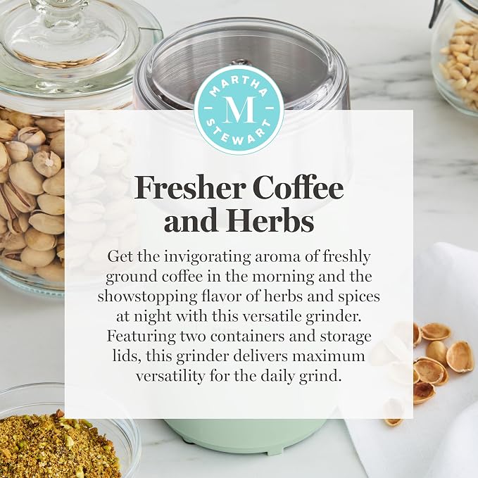 Martha Stewart Electric Coffee & Spice Grinder with Dual Bowls, Honeydew | Dual 2.5oz Removable Bowls for Coffee Beans, Nuts, Herbs & Spices, Stainless Steel Blade, One-Touch Pulse Control, Easy Clean