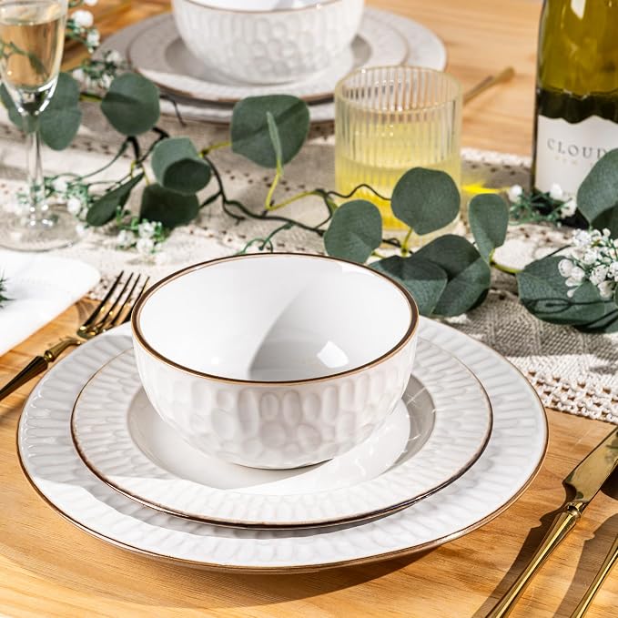 GBHOME Ceramic Dinnerware Sets of 6,18 pcs Plates and Bowls Sets Dishes | Embossed Elegant Stoneware Dishes Set | Dishwasher & Microwave Safe | Service for 4