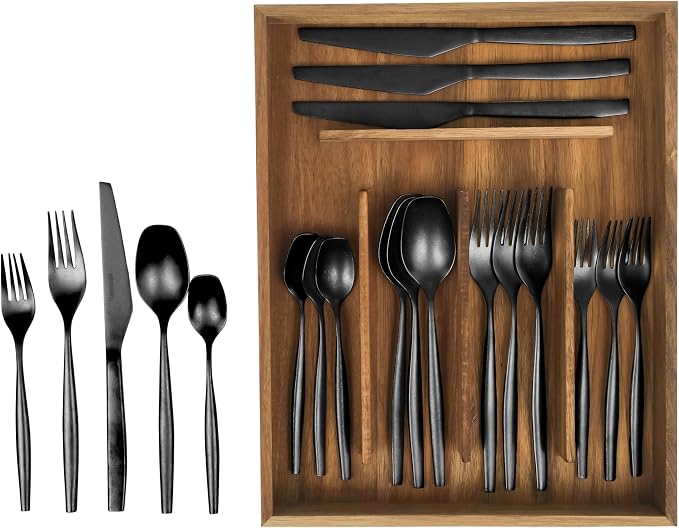 Two Time Oprah's Favorite Things Winner - 20 Piece Stone Washed Black Flatware 18/10 Stainless Steel Silverware Cutlery Utensil Set With Acacia Wood Caddy - Service for 4