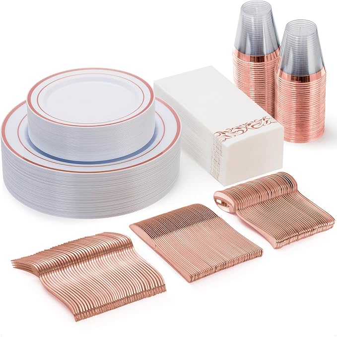175 Pcs Rose Gold Disposable Party Dinnerware Sets for 25 Guests | Plastic Plates Disposable Include: 25 Dinner Plates, 25 Dessert Plates, 25 Paper Napkins, 25 Cups, 25 Silverware Set
