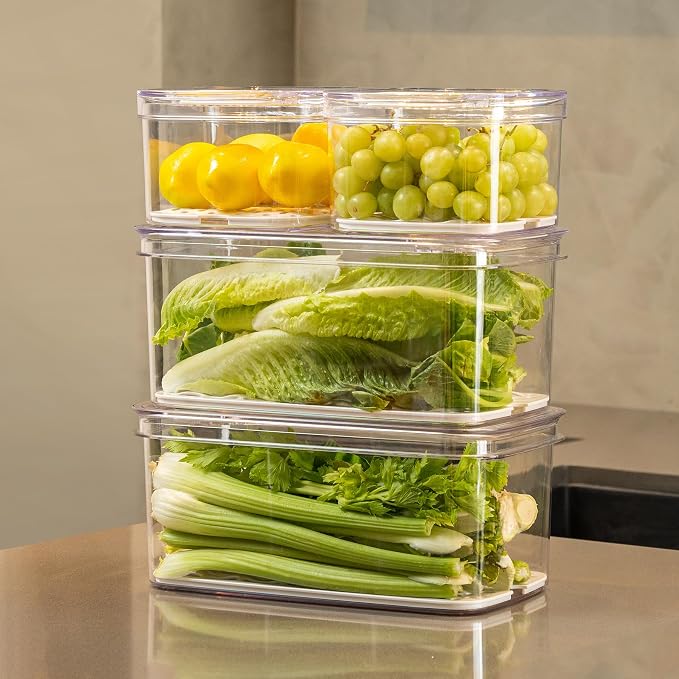 Felli Duo Fresh Veggie Keeper for Fridge with Vent & Drain Trays, LARGE Fruit Vegetable Storage Container for LONG Produce Veggie, Cabbage Celery Lettuce Asparagus Zucchini Saver for Refrigerator